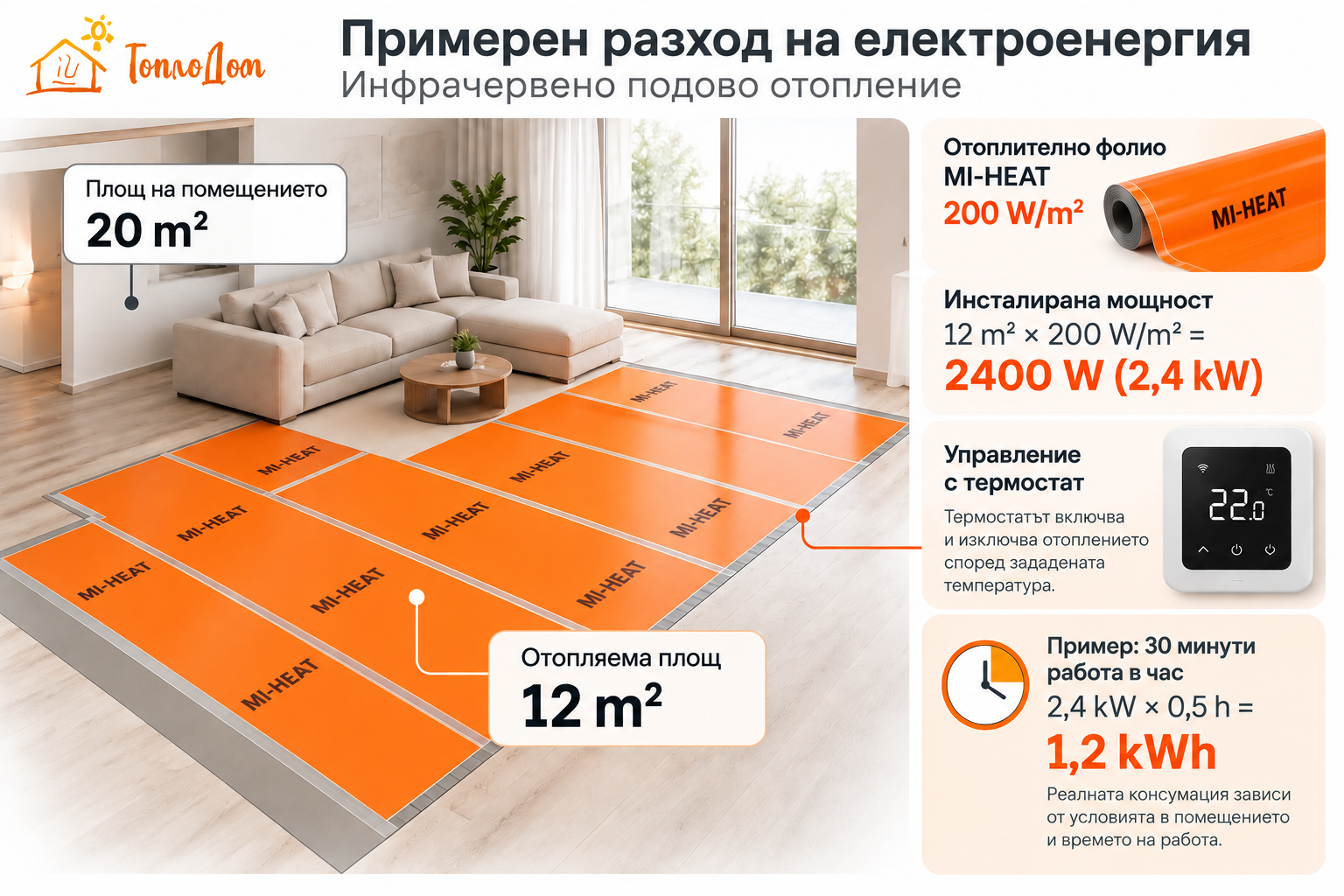 Колко ток харчи инфрачервеното подово отопление – пример с MI-HEAT